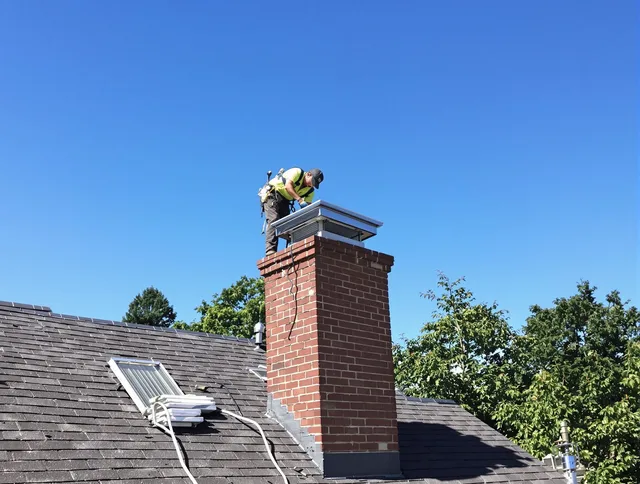 Canton Chimney Sweep technician measuring a chimney cap in Canton, CT